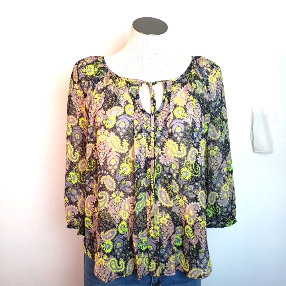 Princess Vera Wong Jeweled Neck Sheer Peasant Neon Green & Black Blouse Size S